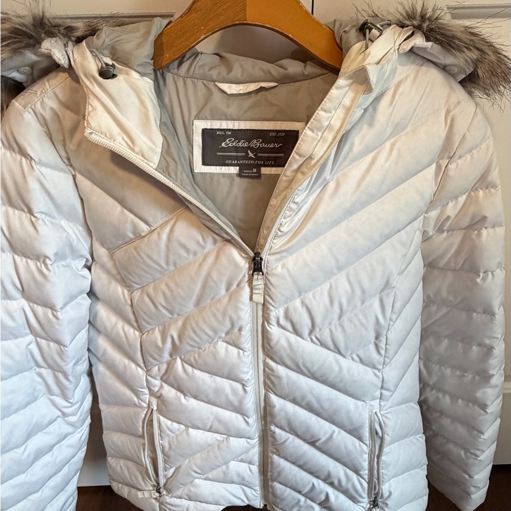 Eddie Bauer Quilted White Jacket with Faux Fur Trim